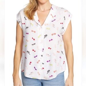 Cooper & Ella Short Sleeve Button Front Sunglass Printed Blouse Size Large.